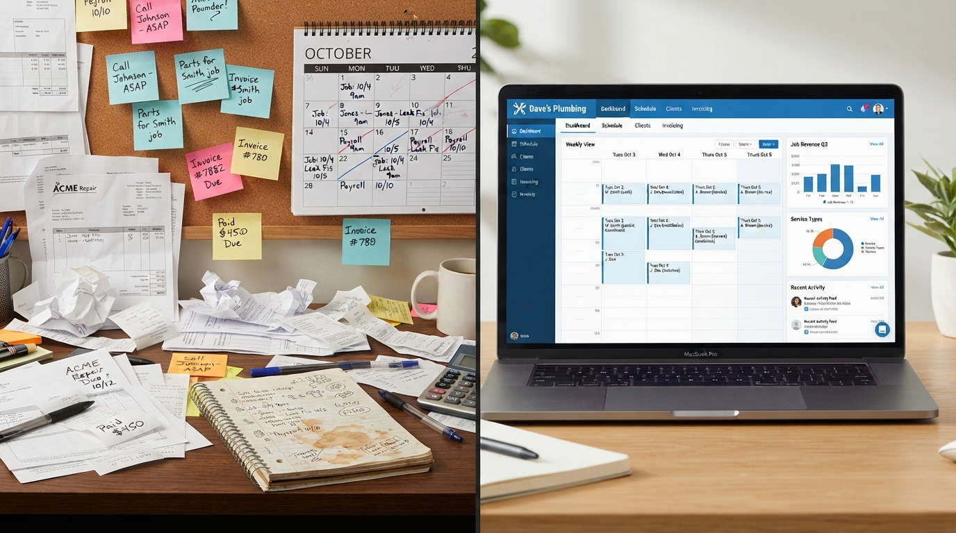 Before CXF: chaotic paper-based workflow vs. After CXF: clean digital dashboard